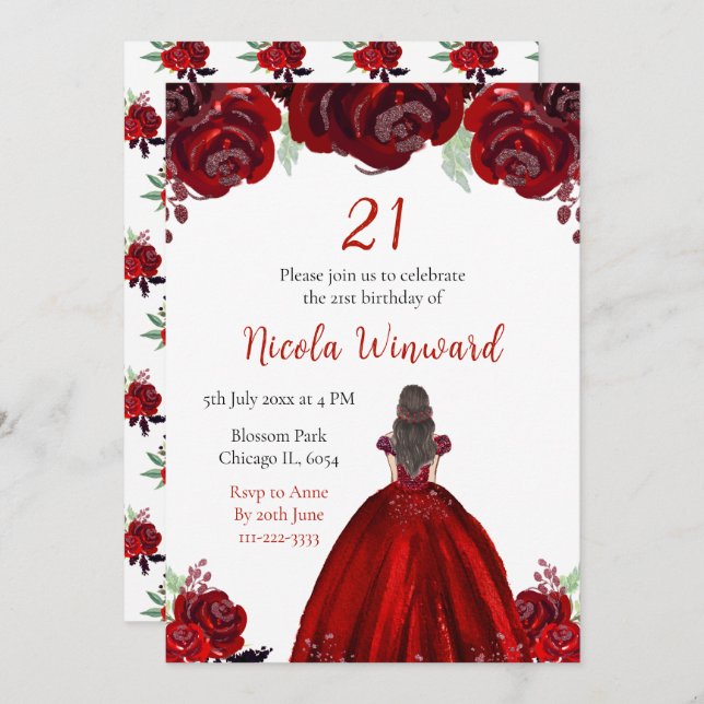 Invitación Brown Hair Princess Red Floral Birthday Party (Anverso / Reverso)