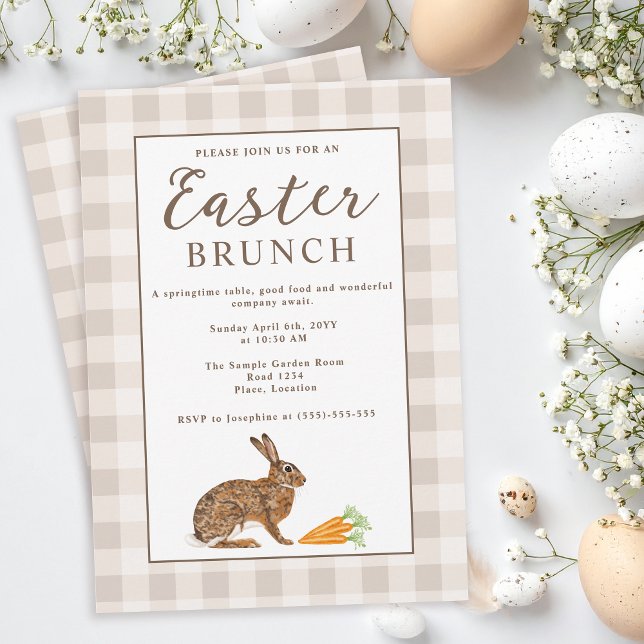 Invitación Brown Hare Beige Gingham Rustic Easter Brunch (Subido por el creador)
