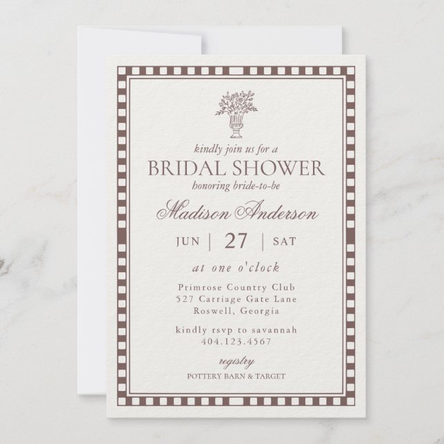 Invitación Brown Harlequin Checkered Bridal Shower (Anverso)