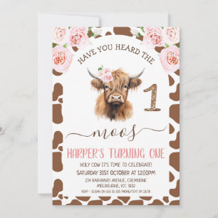 Invitación Brown Highland Cow escuchó el primer cumpleaños de