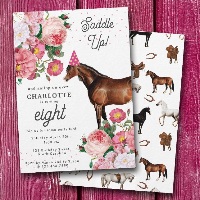 Invitación Brown Horse Pink Floral Girl Cowgirl Birthday (Brown Horse Pink Floral Girl Cowgirl Birthday Invitation)