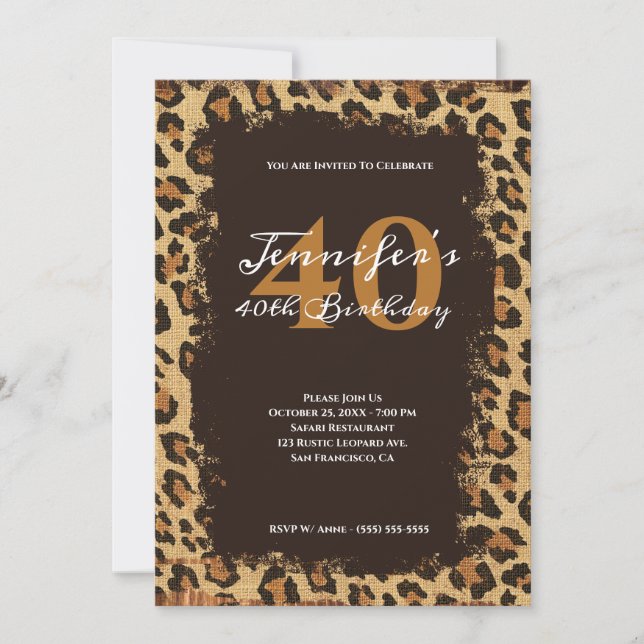 Invitación Brown Leopard Burlap Grunge 40 cumpleaños (Anverso)