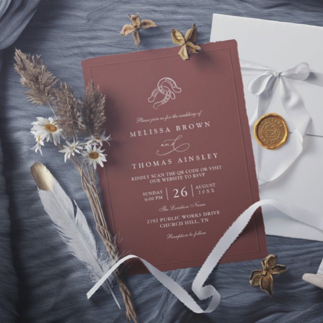 Invitación Brown Minimalist Horseshoe Rustic QR Code Wedding (Subido por el creador)