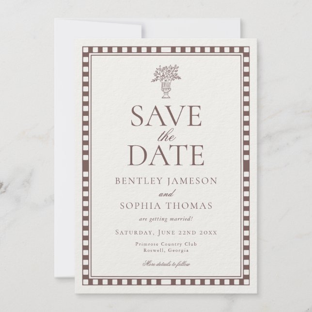 Invitación Brown Mocha Harlequin Checkered Save the Date (Anverso)