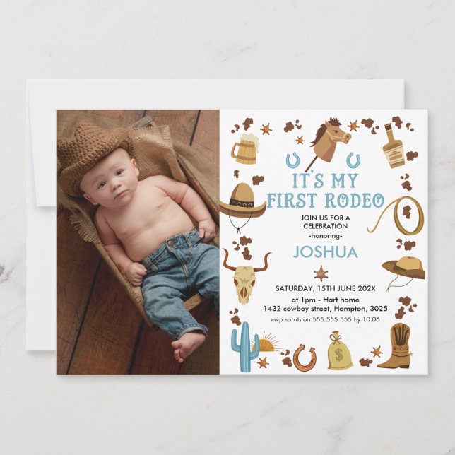 Invitación Brown My First Rodeo Cowboy Photo First Birthday (Anverso)