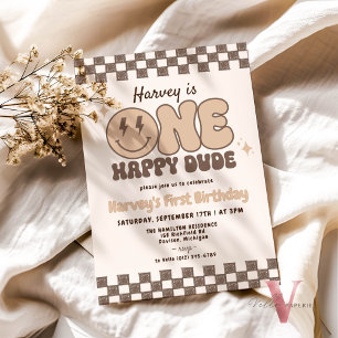 Invitación Brown ONE HAPPY DUDE Smile Retro Groovy Cumpleaños