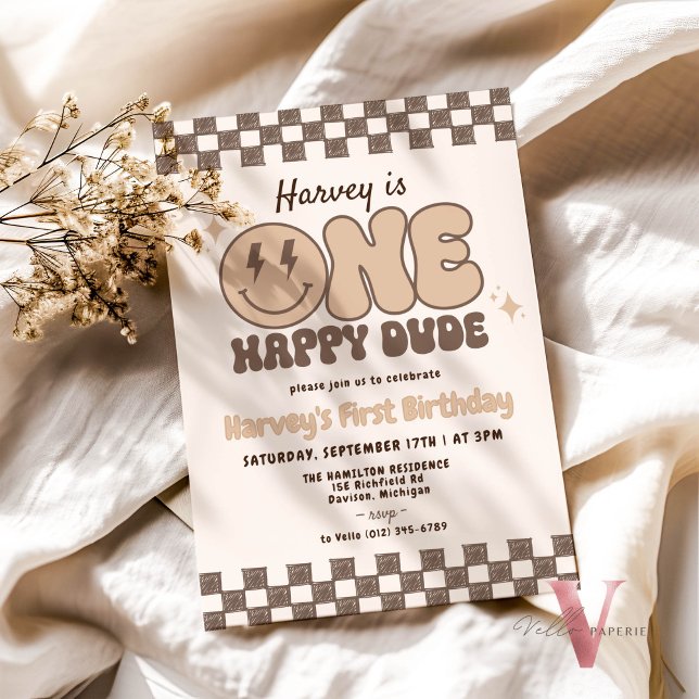 Invitación Brown ONE HAPPY DUDE Smile Retro Groovy Cumpleaños (Subido por el creador)