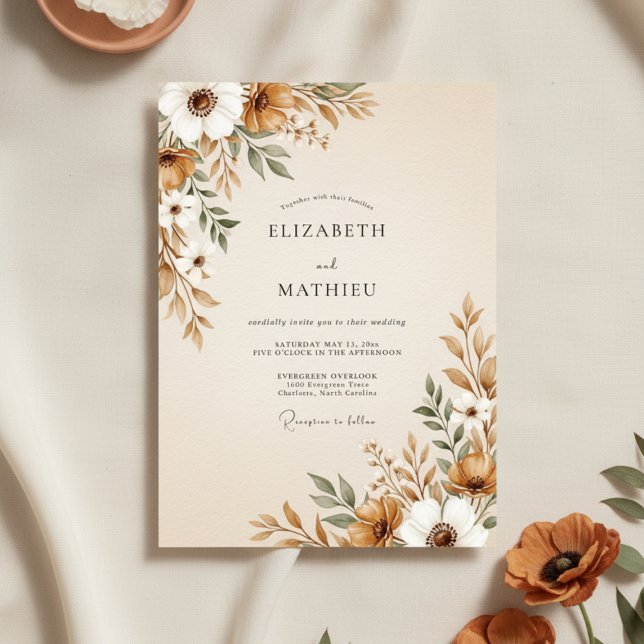 Invitación Brown Painterly Floral Flourish Wedding (Subido por el creador)
