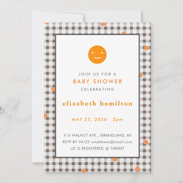 Invitación Brown Plaid & Orange Dots Baby Shower Invitation (Anverso)