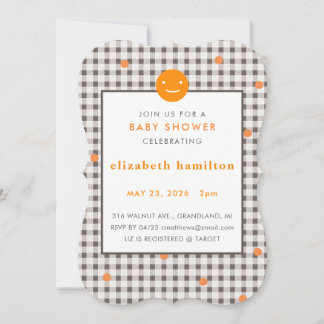 Invitación Brown Plaid & Orange Dots Baby Shower Invitation