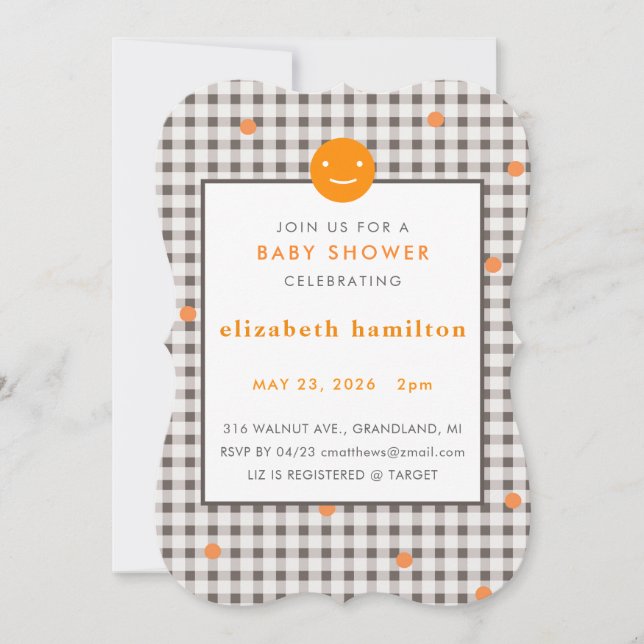 Invitación Brown Plaid & Orange Dots Baby Shower Invitation (Anverso)