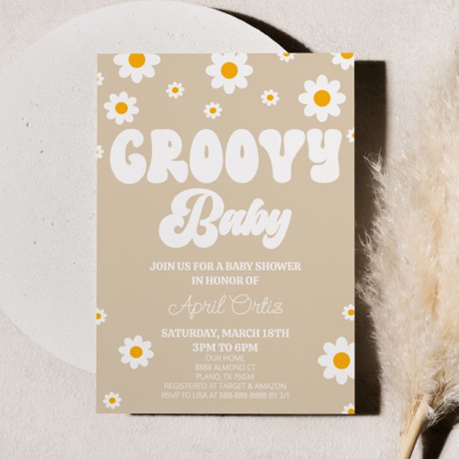 Invitación Brown Retro Daisy Flower Groovy Baby Baby Shower (Subido por el creador)