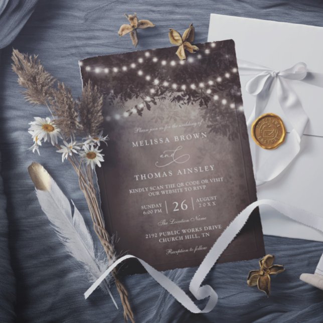 Invitación Brown Rustic Tree String Lights QR Code Wedding (Subido por el creador)