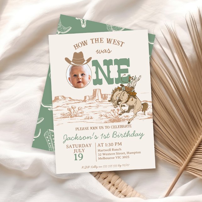 Invitación Brown Sage Boys Cómo Occidente Era Un Primer Cumpl (Sage Green Brown How The West Was One 1st Birthday Invitation Boy Cowboy Western Bronco Photo Invite)