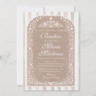 Invitación Brown Stripes Floral Spanish Holy Bautizo Talavera