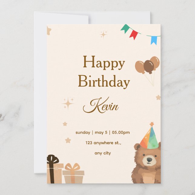 Invitación Brown Teddy Bear Birthday Invitation,Cute Neutral  (Anverso)