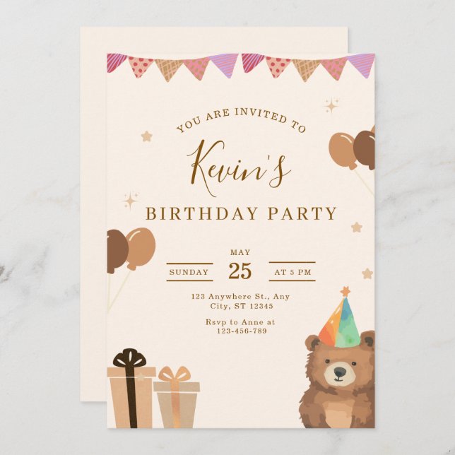 Invitación Brown Teddy Bear Birthday Invitation, Cute Neutral (Anverso / Reverso)