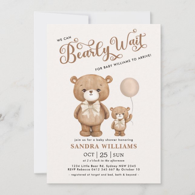 Invitación Brown Teddy Bear Podemos Esperar Baby Shower (Anverso)