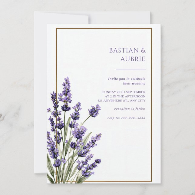 Invitación Brown Thin Frame Purple Lavender Sprig Wedding (Anverso)