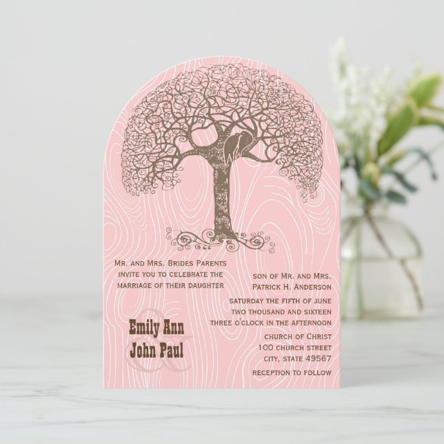 Invitación Brown Tree Love Bird Pink Woodgrain Wedding (Anverso de pie)