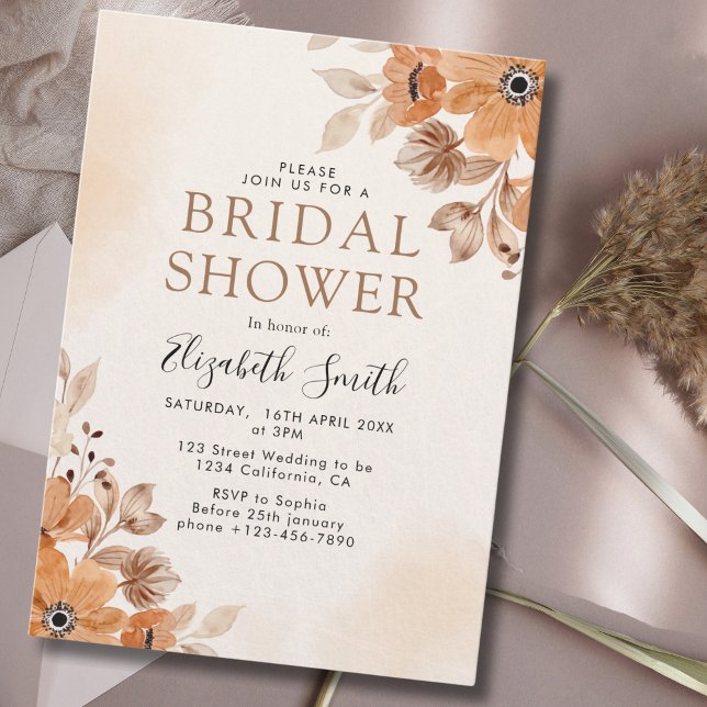 Invitación Brown Watercolor Flowers Boho Style Bridal Swower (Subido por el creador)