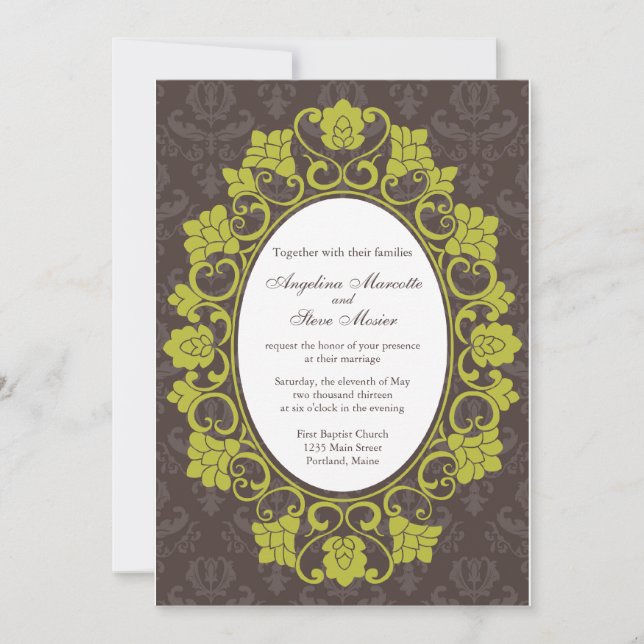 Invitación Brown y el boda floral chartreuse del damasco (Anverso)