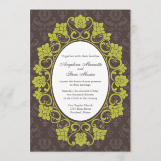 Invitación Brown y el boda floral chartreuse del damasco