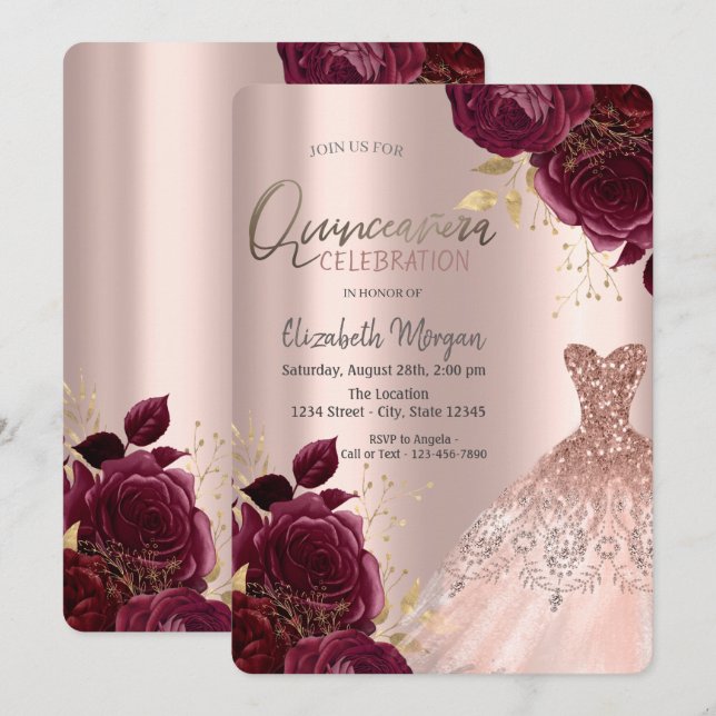 Invitación Brrgundy Flores Rosa Vestido de Oro Quinceañera (Anverso / Reverso)