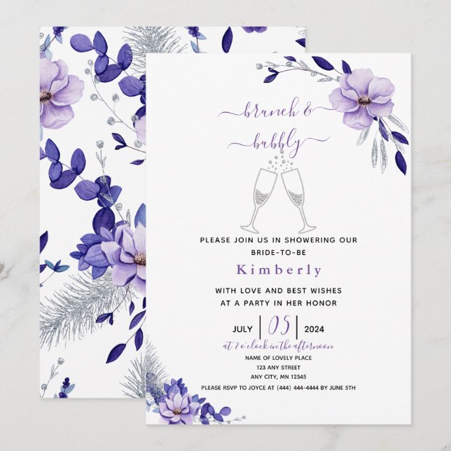 Invitación Bruet Lavender y Silver Floral Bridal Brunch (Anverso / Reverso)