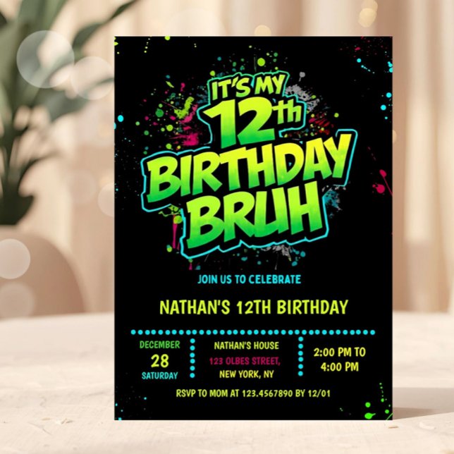 Invitación Bruh 12th Birthday Boy Neon Modern Invitation (neon 12th birthday invitation, 12th birthday party, 12 twelve, green black, gamer gaming tech comput)