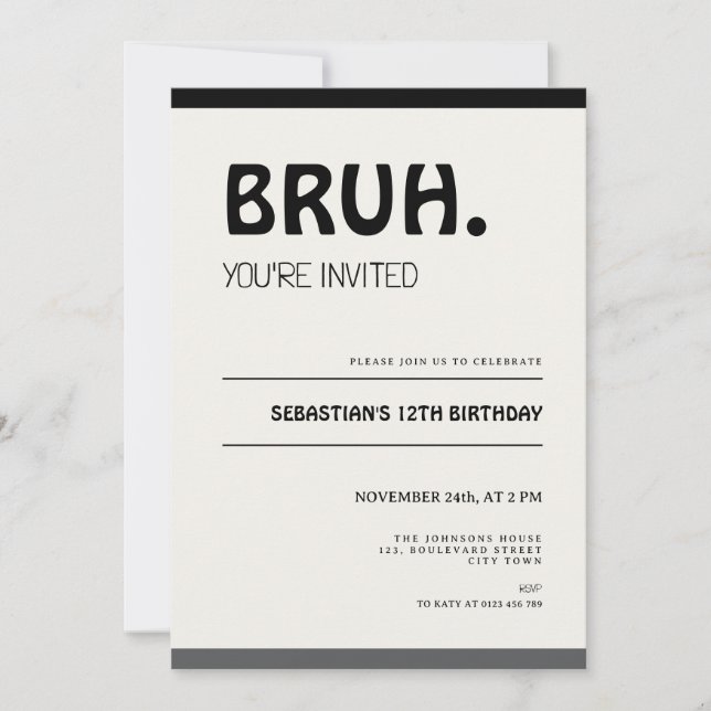 Invitación Bruh 12th Birthday Invitation Teens Boy Party (Anverso)