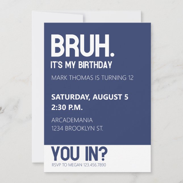 Invitación BRUH BIRTHDAY PARTY ADOLESCENTE AZUL Minimalista (Anverso)