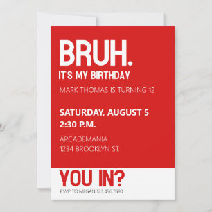 Invitación BRUH BIRTHDAY PARTY ADOLESCENTE BOY RED Minimalist