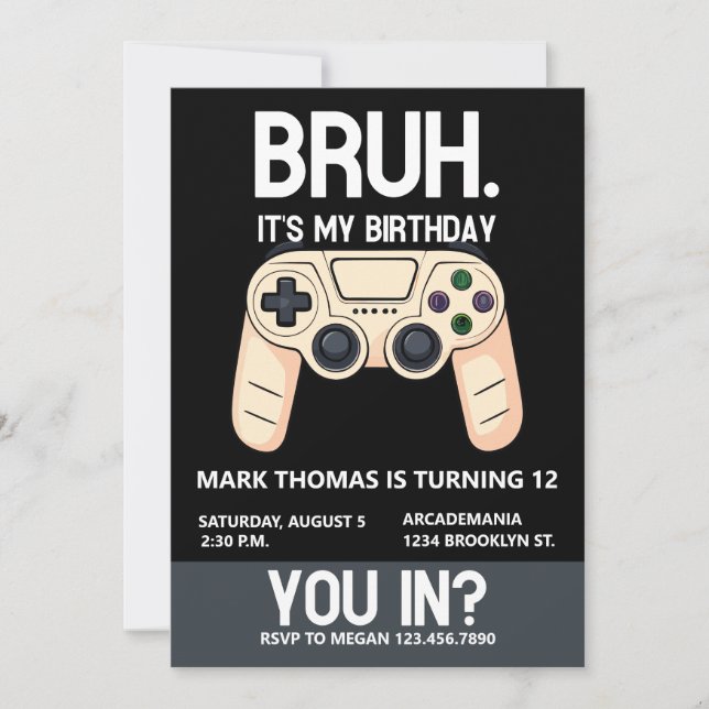 Invitación BRUH Birthday Party Arcade Gamer adolescente (Anverso)
