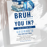 Invitación BRUH Blue Pool Fiesta Boy Cumpleaños<br><div class="desc">Sumérjase en el mejor fiesta del año con nuestro "Bruh" Guay Blue Pool Fiestas Boys Invitación de cumpleaños! Un diseño de moda, con un sencillo fondo blanco y un alegre BRUH. Comida, natación, pastel, el encabezado "You In?" y accesorios de natación color azul marino y azul cielo, prometen un inolvidable...</div>
