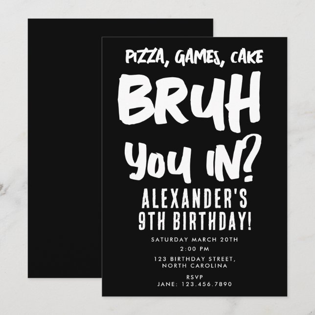 Invitación Bruh Boy es la fiesta de cumpleaños de un adolesce (Anverso / Reverso)