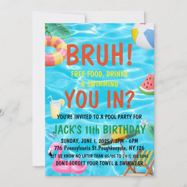 Invitación Bruh Boy Pool Fiesta Cumpleaños (Anverso)