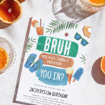 Invitación Bruh Boy Pool Fiesta Cumpleaños<br><div class="desc">Haga un chapoteo este verano con nuestro Guay BRUH Boy Pool Fiestas Invitaciones de cumpleaños! Nuestra divertida plantilla muestra acuarelas de verano con soles, chanclas, helados y follaje tropical que harán que los huéspedes digan "Bruh, comida gratis, bebidas y natación - ¿Entran?" Estas invitaciones fáciles de personalizar son perfectas para...</div>