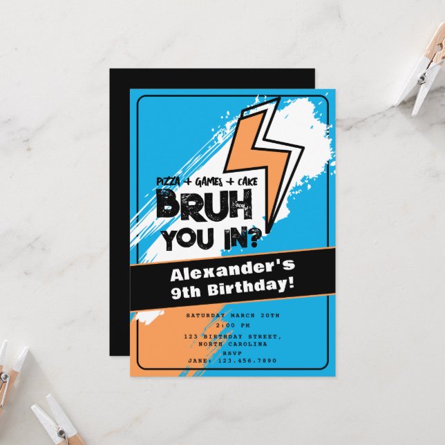 Invitación Bruh Boy's Birthday Graffiti Orange Blue Cool (Anverso/Reverso In Situ)