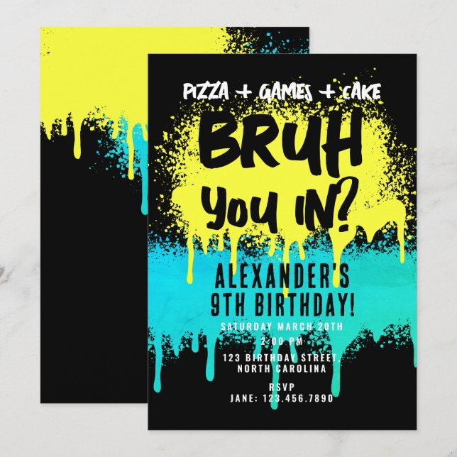 Invitación Bruh Boy's Birthday Neon Graffiti amarillo Verde a (Anverso / Reverso)