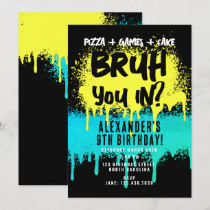 Invitación Bruh Boy's Birthday Neon Graffiti amarillo Verde a