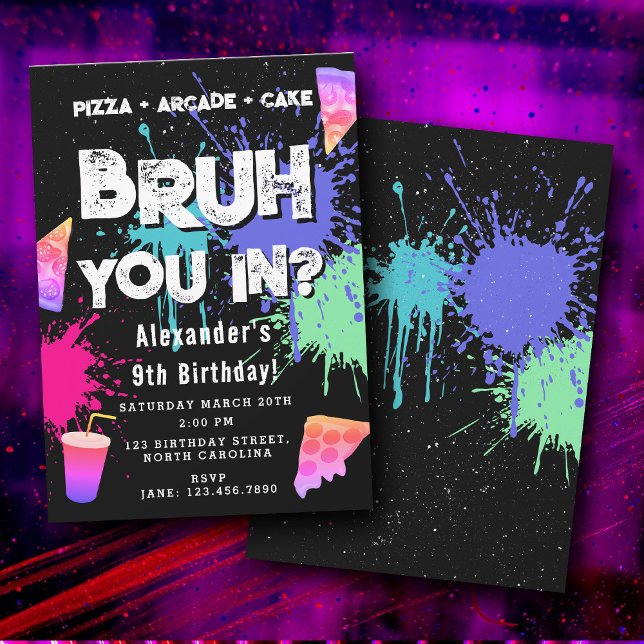 Invitación Bruh Boy's Birthday Neon Graffiti Teenager Pizza (Bruh Boy's Birthday Neon Graffiti Teenager Pizza Invitation)