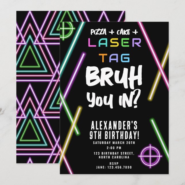 Invitación Bruh Boy's Birthday Neon Laser Tag (Anverso / Reverso)