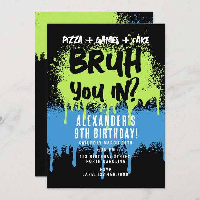 Invitación Bruh Boy's Birthday Party Neon Graffiti Green Blue (Anverso / Reverso)