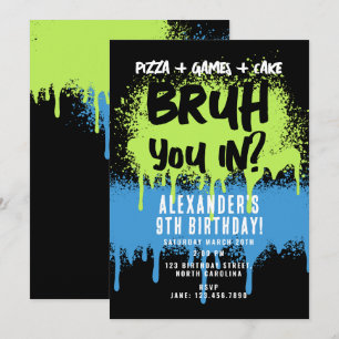 Invitación Bruh Boy's Birthday Party Neon Graffiti Green Blue