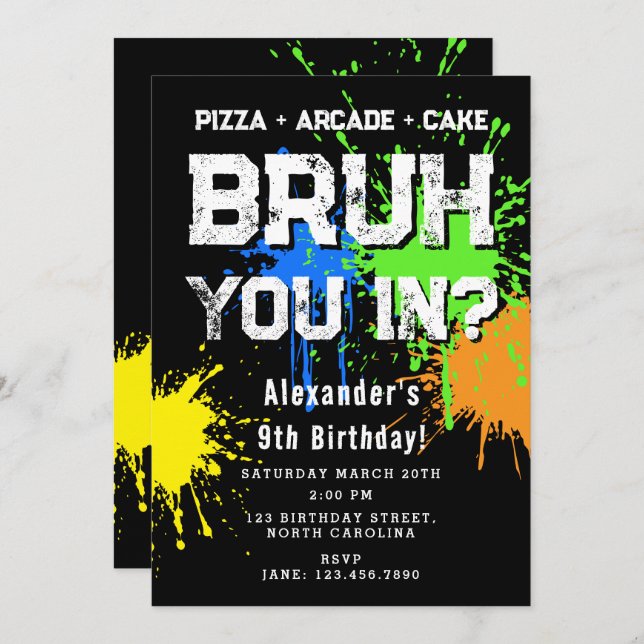 Invitación Bruh Boy's Birthday Party Neon Graffiti Teenager (Anverso / Reverso)
