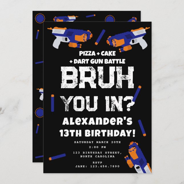 Invitación Bruh Boy's Birthday Party Teenager Dart Gun Battle (Anverso / Reverso)