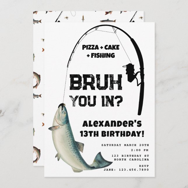 Invitación Bruh Boy's Birthday Party Teenager Fishing (Anverso / Reverso)