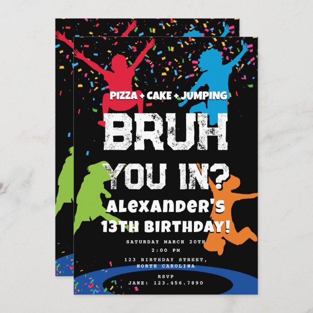 Invitación Bruh Boy's Birthday Party Teenager Jump Trampoline (Anverso / Reverso)