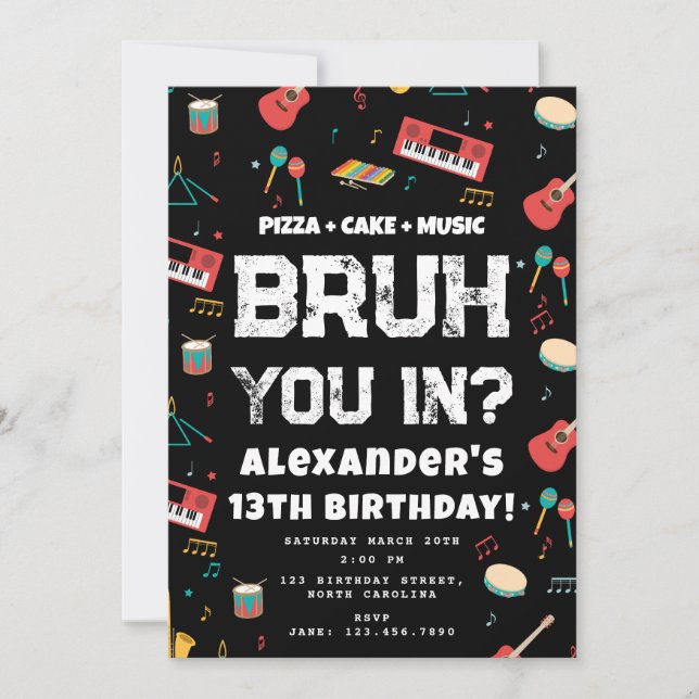 Invitación Bruh Boy's Birthday Party Teenager Music Band (Anverso)